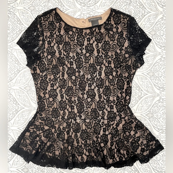 Suzy Shier Tops - Lace Overlay Peplum Top